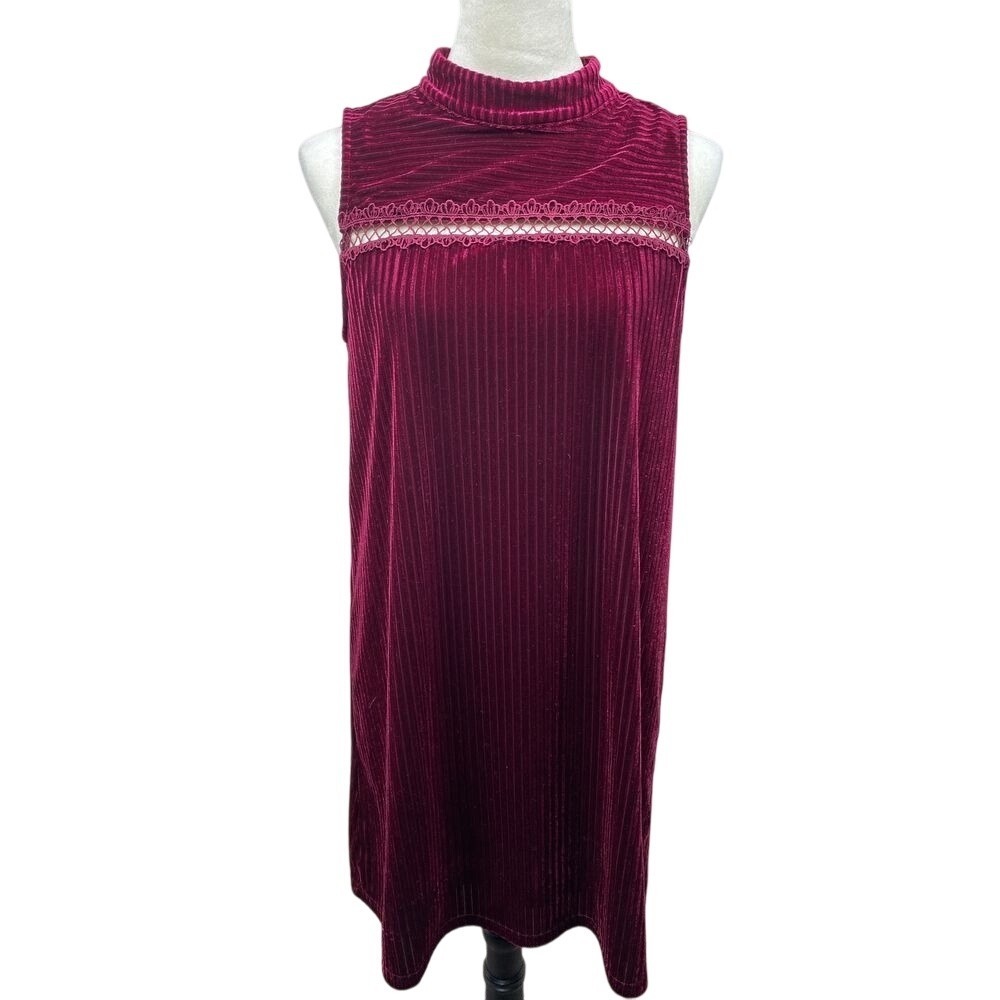 Very J Burgundy Velvet Ribbed Mock Neck Midi Dress Lace Trim Size M